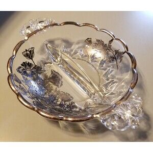 Vintage silver city sterling silver overlay ruffled edge glass divided dish
